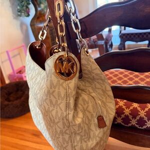 Michael Kors Cream Monogram Shoulder Bag with Gold Hardware